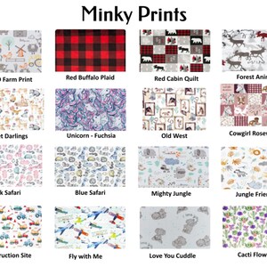 May include: A collage of 16 different minky fabric prints, each with a unique design. The prints include a red buffalo plaid, a red cabin quilt, forest animals, sweet darlings, unicorn - fuchsia, old west, cowgirl rosewater, pink safari, blue safari, mighty jungle, jungle friends, construction site, fly with me, love you cuddle, and cacti flowers.