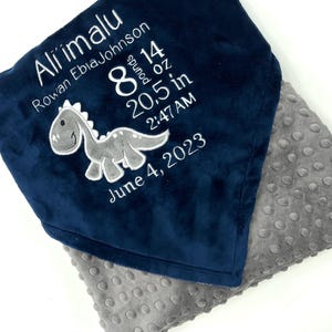 Dinosaur Minky Blanket, Navy and Gray, Dinosaur Birth Stats, Personalized Baby Blanket, Plush Keepsake Gift, Embroidered Blanket Baby Boy