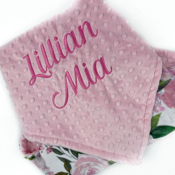 Personalized Baby Blanket, Pink Flower Minky, Plush Newborn Girl Blanket,  Floral Keepsake Gift, Custom Baby Blanket, Baby Shower Gift
