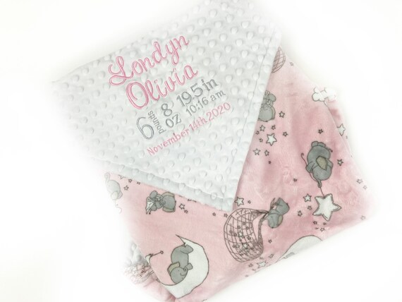 Elephant Baby Blanket Pink and White Minky Personalized Blanket Baby Girl Keepsake Elephant Nursery Theme First Birthday Gift