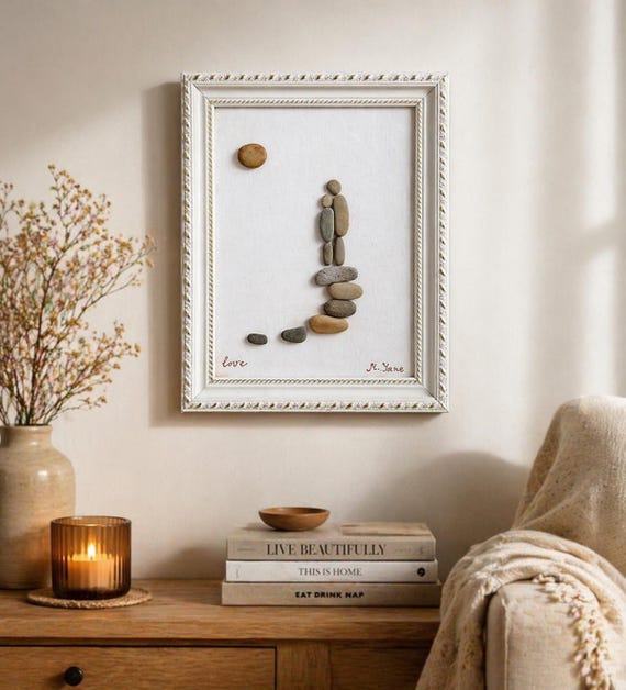 Pebble Art Wall Decor, Couple Stone Art Frame, Handmade Love Gift, Romantic Home Decor, Anniversary Gift for Her, Unique Stone Picture