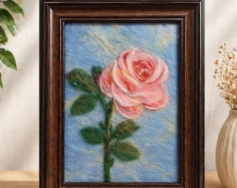 Framed Felt Rose Art, Handmade Wool Painting, Floral Wall Decor, Needle Felted Rose Picture, Rustic Home Decor, Gift for Her