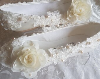 Bridal designer bespoke handsewn beaded couture pearl lace bridal wedding shoes