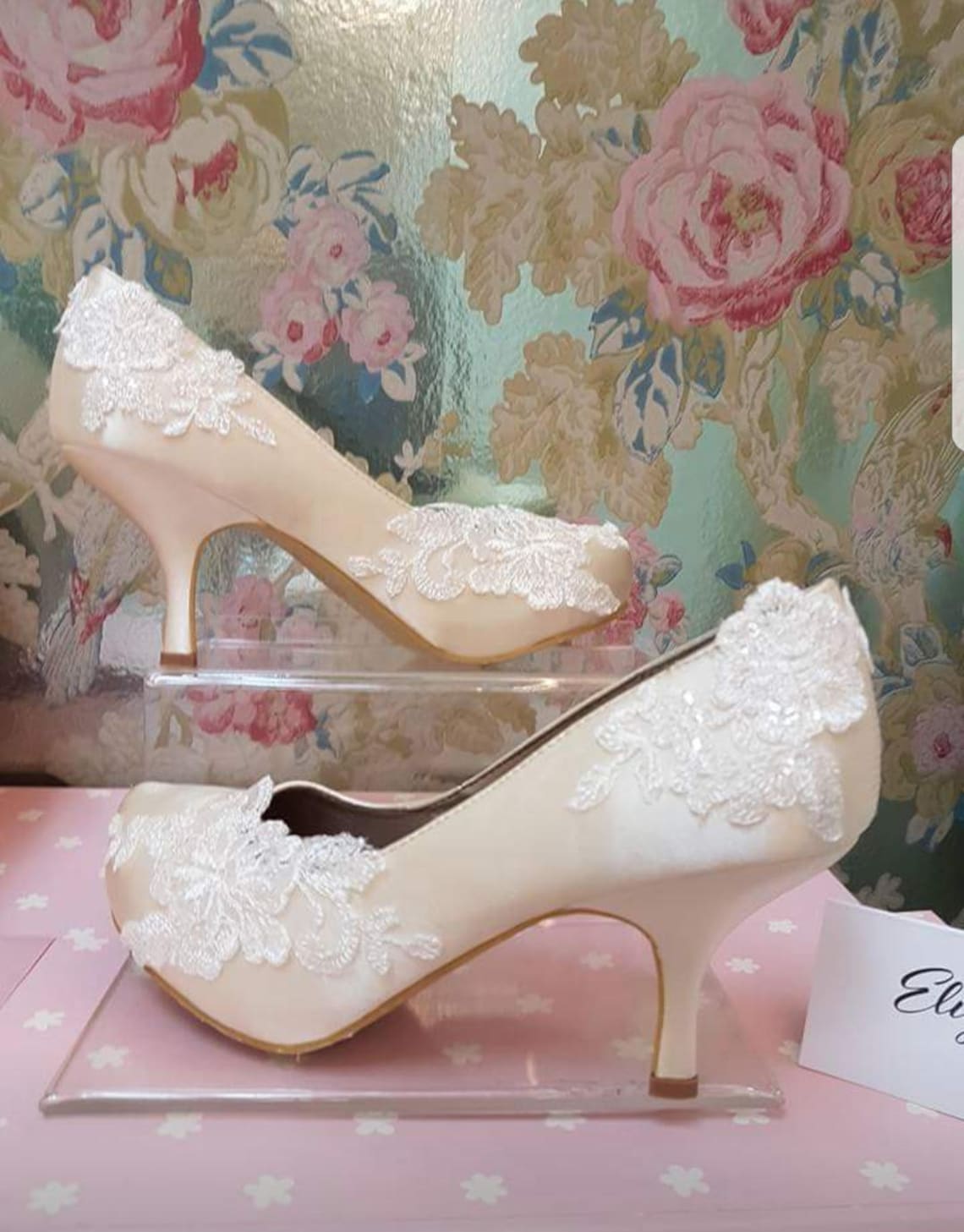 Bridal wedding ivory lace satin shoes heels size 38 designer Etsy