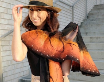 Monarch Butterfly Silk and Merino Shawl – Luxury Artistic Wrap in Black and Orange, Elegant Evening Outfit Scarf, Unique Handmade Gift