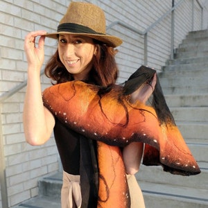 Soft nunofelted scarf Monarch Butterfly inspired by nature, amazing piece in wardrobe. Goes well with beige, black, t-shirt, jacket, dress. image 1