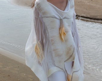 Unique wedding shawl, cape, bolero natural silk and merino wool, wearable art handmade in New Zealand, Perfect to weeding dress