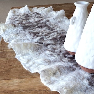 Rustic, loft table runner, hand made in double side from raw wool in natural color cream, brown, beige. Timeless appearl. Home decor gift
