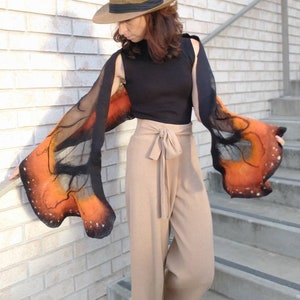 Soft nunofelted scarf Monarch Butterfly inspired by nature, amazing piece in wardrobe. Goes well with beige, black, t-shirt, jacket, dress. image 3