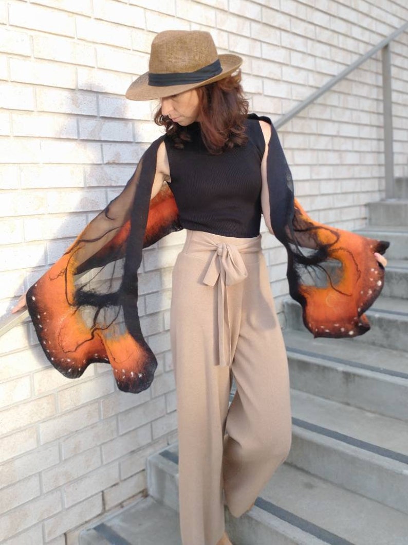 Soft nunofelted scarf Monarch Butterfly inspired by nature, amazing piece in wardrobe. Goes well with beige, black, t-shirt, jacket, dress. image 3