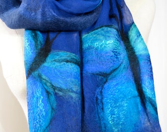Blue Butterfly Scarf – Sheer Silk & Merino Wool, Lightweight Artistic Wrap, Handmade Wearable Art Gift for Her, Evening Outfit