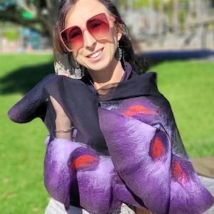 Purple violet and unique nuno felted scarf, elegant shawl to dress or coat. Handmade with Love in New Zealand, versatile cape, gift for her.