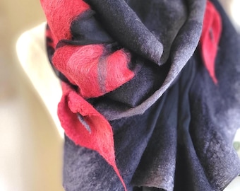 Handfelted Black Silk and Wool Shawl with Sculptural Red Calla Lilies – Evening Wrap Scarf