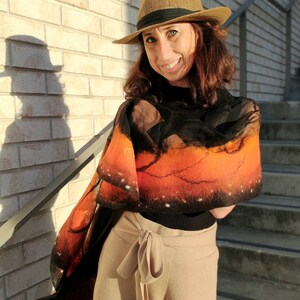 Soft nunofelted scarf Monarch Butterfly inspired by nature, amazing piece in wardrobe. Goes well with beige, black, t-shirt, jacket, dress. image 7