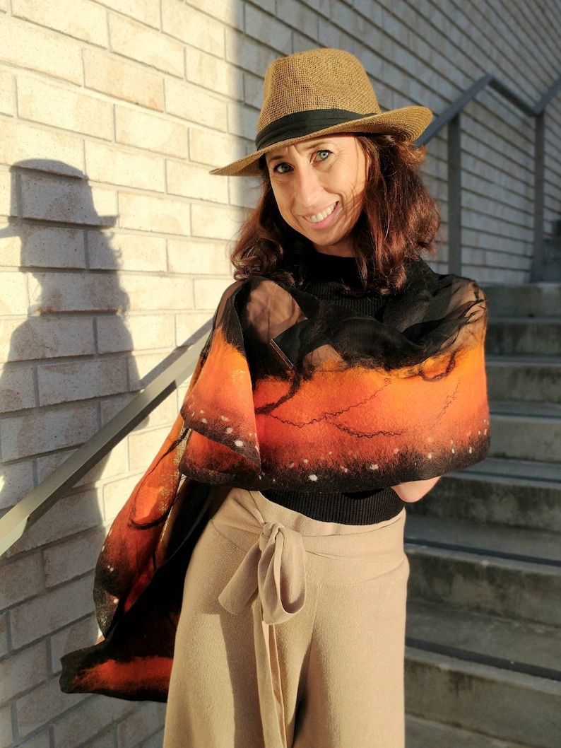 Soft nunofelted scarf Monarch Butterfly inspired by nature, amazing piece in wardrobe. Goes well with beige, black, t-shirt, jacket, dress. image 7