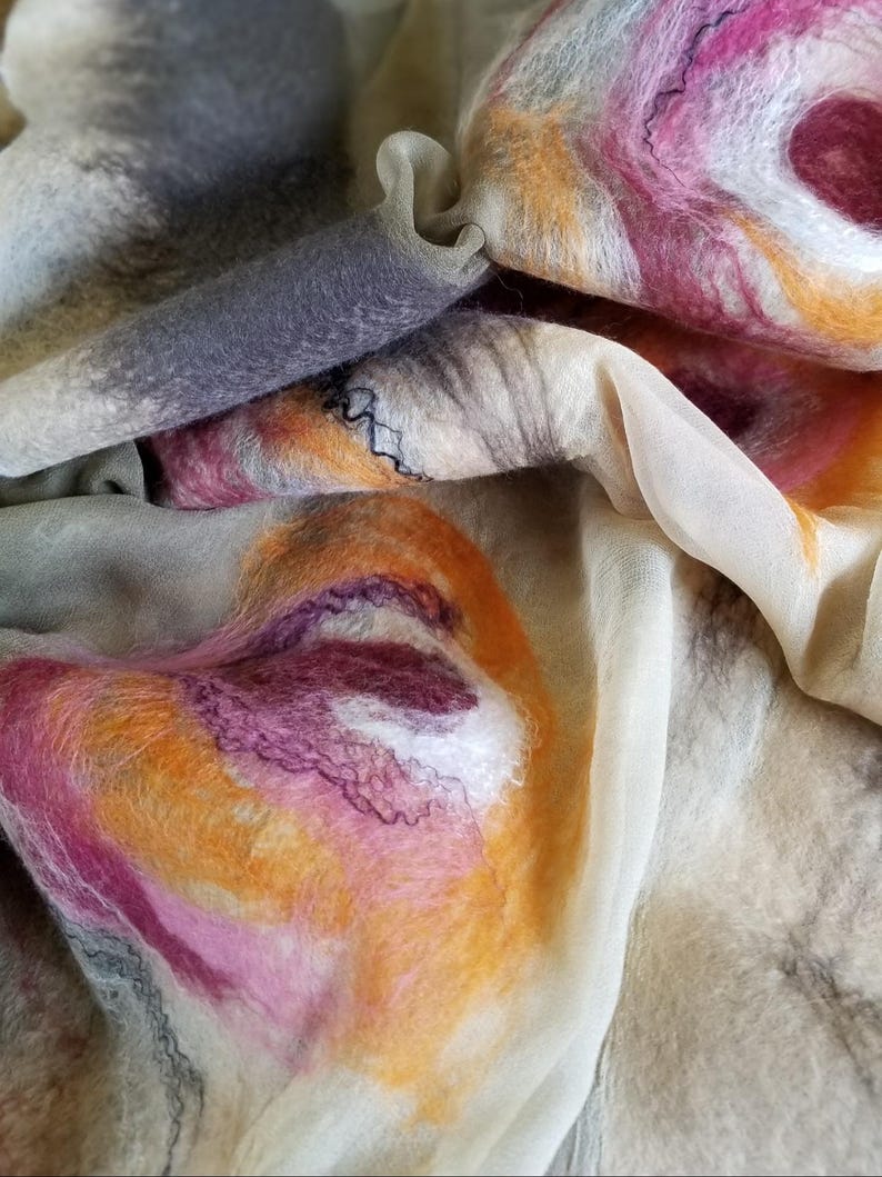 Luxurious Khaki & Beige Shawl – Merino Wool and Silk Felted Wrap, Earthy Neutral Gift for Mum, Guest or Elegant Outfit | Handmade in NZ image 17