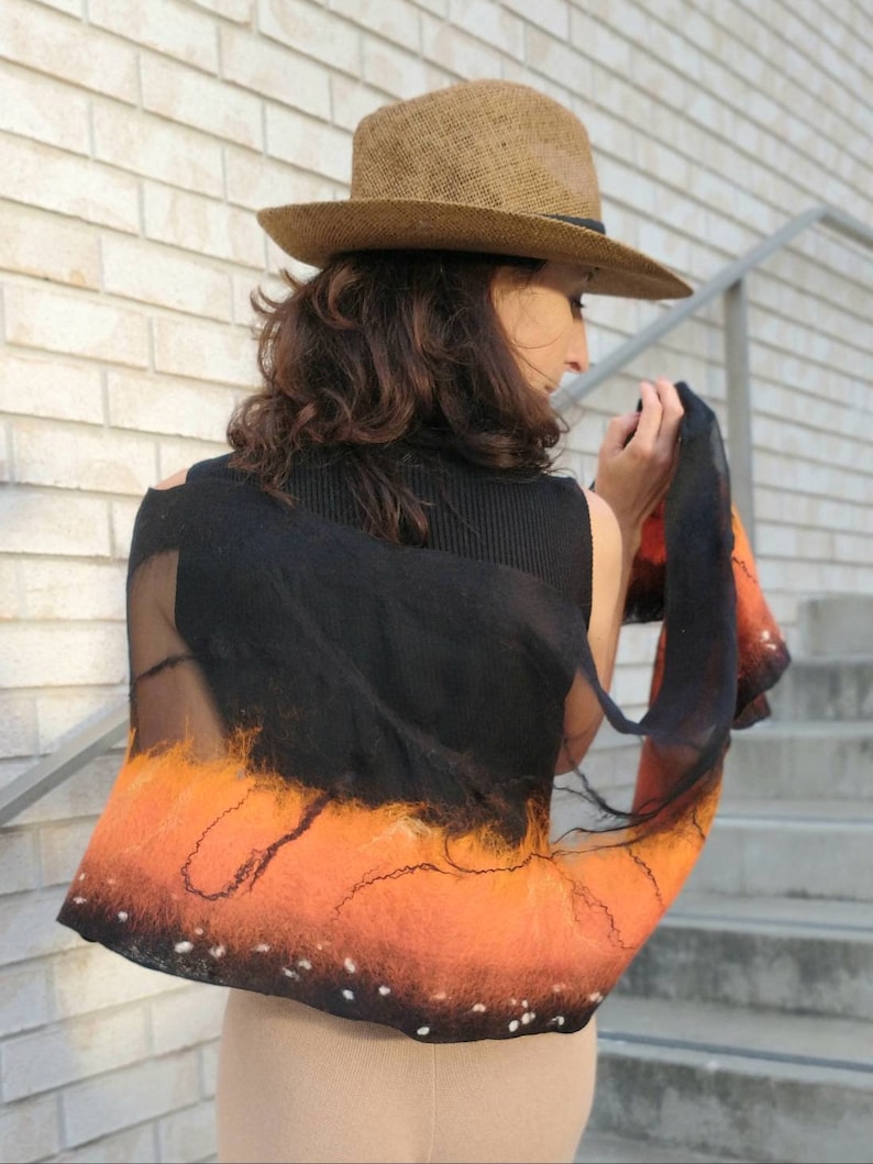 Soft nunofelted scarf Monarch Butterfly inspired by nature, amazing piece in wardrobe. Goes well with beige, black, t-shirt, jacket, dress. image 4