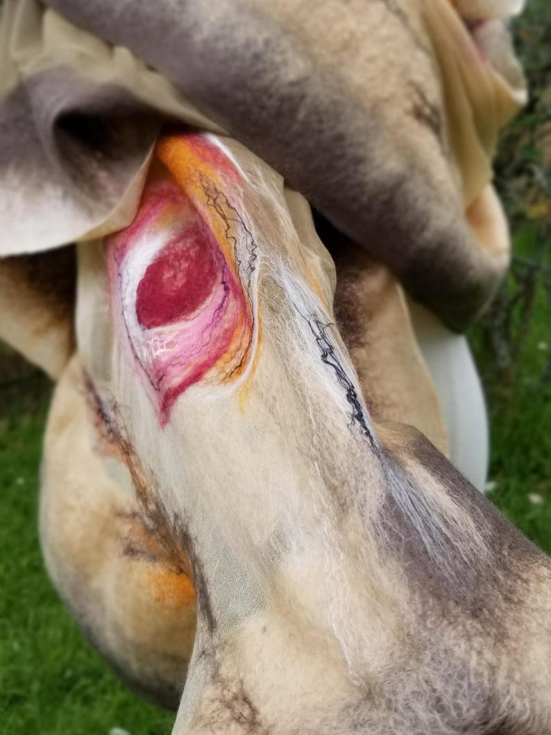 Luxurious Khaki & Beige Shawl – Merino Wool and Silk Felted Wrap, Earthy Neutral Gift for Mum, Guest or Elegant Outfit | Handmade in NZ image 18
