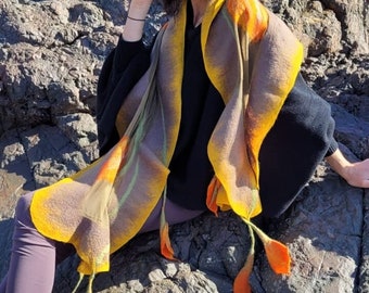 Veelzijdige sjaal, zijde en wol geschilderde sjaal met hangende bloemen, perfect voor alledaagse of avondkleding, cadeau voor haar, handgemaakt vilt