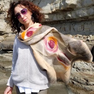 Luxurious Khaki & Beige Shawl – Merino Wool and Silk Felted Wrap, Earthy Neutral Gift for Mum, Guest or Elegant Outfit | Handmade in NZ image 4