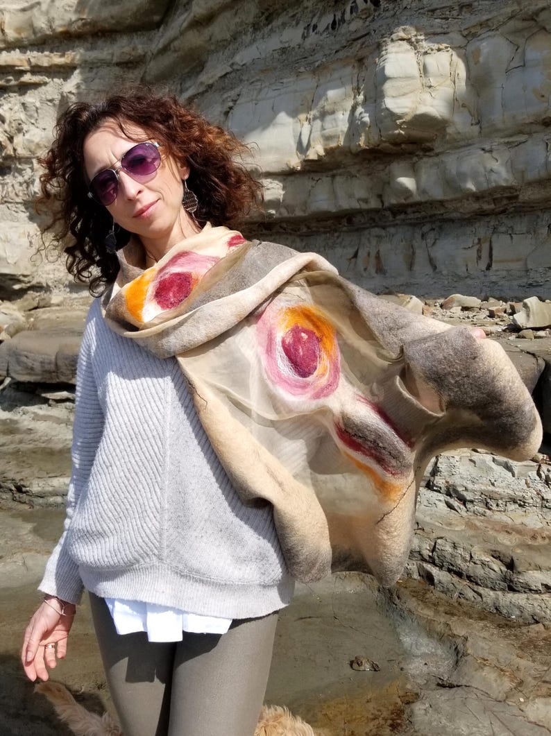 Luxurious Khaki & Beige Shawl – Merino Wool and Silk Felted Wrap, Earthy Neutral Gift for Mum, Guest or Elegant Outfit | Handmade in NZ image 4