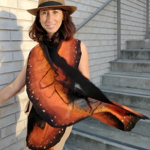 Soft nunofelted scarf Monarch Butterfly inspired by nature, amazing piece in wardrobe. Goes well with beige, black, t-shirt, jacket, dress. image 8