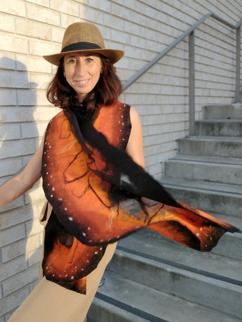 Soft nunofelted scarf Monarch Butterfly inspired by nature, amazing piece in wardrobe. Goes well with beige, black, t-shirt, jacket, dress. image 8