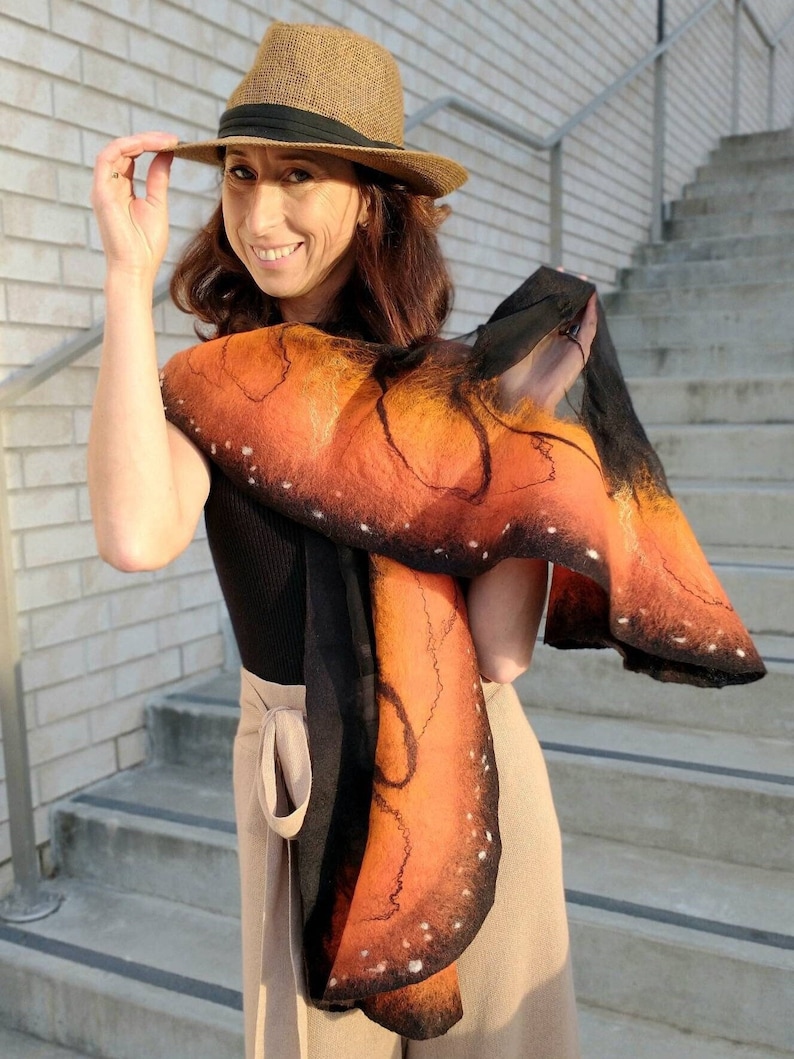 Soft nunofelted scarf Monarch Butterfly inspired by nature, amazing piece in wardrobe. Goes well with beige, black, t-shirt, jacket, dress. image 1