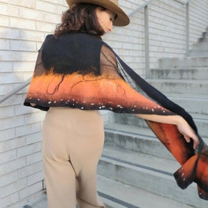 Soft nunofelted scarf Monarch Butterfly inspired by nature, amazing piece in wardrobe. Goes well with beige, black, t-shirt, jacket, dress. image 6