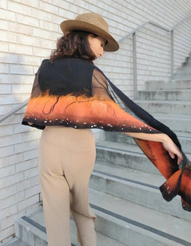 Soft nunofelted scarf Monarch Butterfly inspired by nature, amazing piece in wardrobe. Goes well with beige, black, t-shirt, jacket, dress. image 6