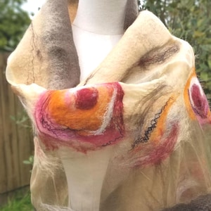 Luxurious Khaki & Beige Shawl – Merino Wool and Silk Felted Wrap, Earthy Neutral Gift for Mum, Guest or Elegant Outfit | Handmade in NZ image 13