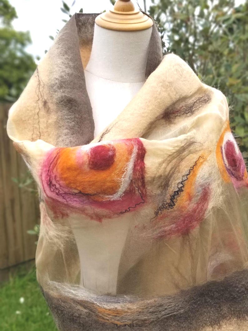 Luxurious Khaki & Beige Shawl – Merino Wool and Silk Felted Wrap, Earthy Neutral Gift for Mum, Guest or Elegant Outfit | Handmade in NZ image 13
