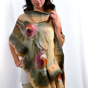 Luxurious Khaki & Beige Shawl – Merino Wool and Silk Felted Wrap, Earthy Neutral Gift for Mum, Guest or Elegant Outfit | Handmade in NZ image 10