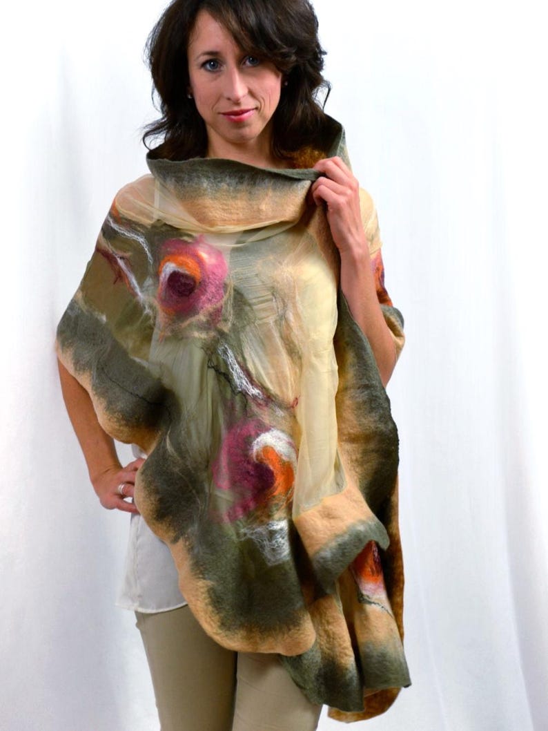 Luxurious Khaki & Beige Shawl – Merino Wool and Silk Felted Wrap, Earthy Neutral Gift for Mum, Guest or Elegant Outfit | Handmade in NZ image 10