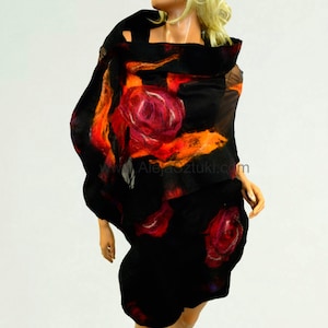Felted silk shawl with Australian merino wool Eco clothes Organic materials in amaranth, orange, red and black. Scarves, Scarf, Natural Silk