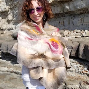 Luxurious Khaki & Beige Shawl – Merino Wool and Silk Felted Wrap, Earthy Neutral Gift for Mum, Guest or Elegant Outfit | Handmade in NZ image 5
