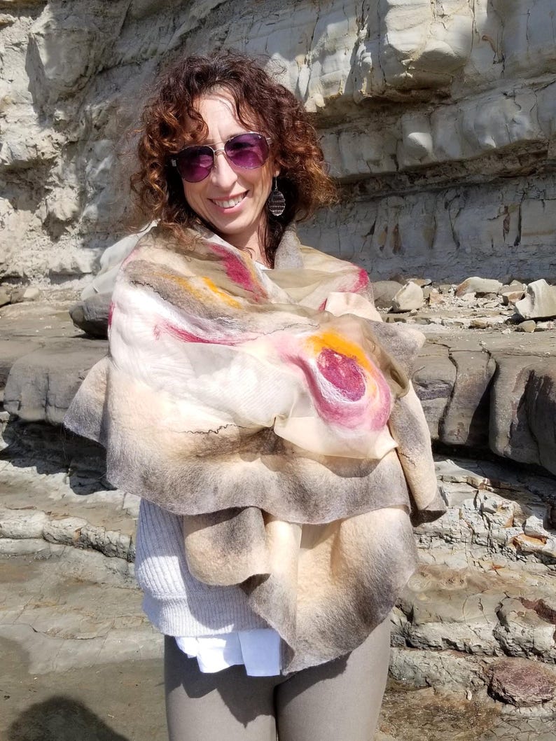 Luxurious Khaki & Beige Shawl – Merino Wool and Silk Felted Wrap, Earthy Neutral Gift for Mum, Guest or Elegant Outfit | Handmade in NZ image 5
