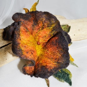 Stunning merino brooch adds new look to your dress, coat, bag - must have it! Perfect to pin shawl, scarf, Autumn colors, brown, orange
