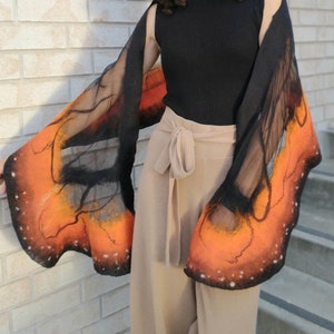 Soft nunofelted scarf Monarch Butterfly inspired by nature, amazing piece in wardrobe. Goes well with beige, black, t-shirt, jacket, dress. image 2