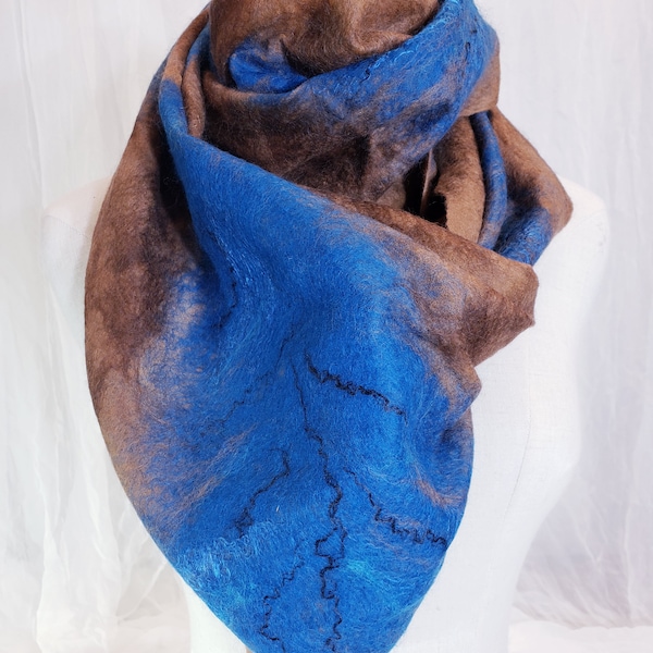 Scarf blue feather, soft, delicate, airy merino and silk, shawl wet felted, wear with brown jacket, blue dress, wearable gifts for ladies,