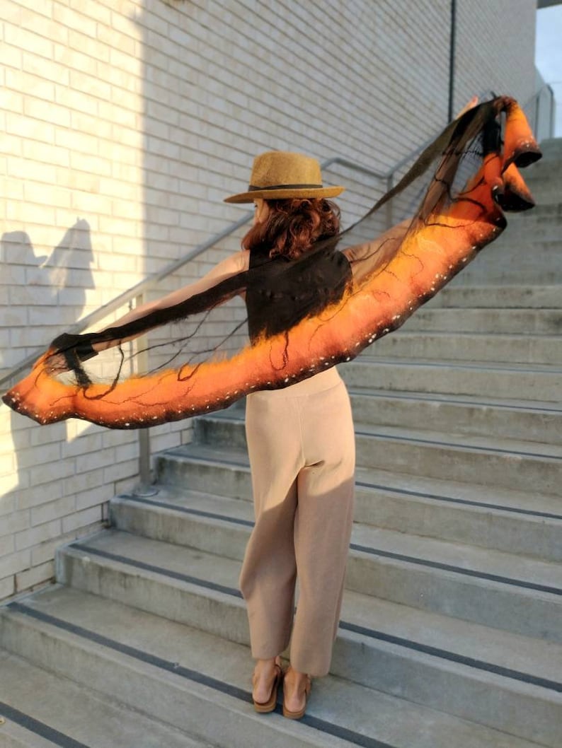 Soft nunofelted scarf Monarch Butterfly inspired by nature, amazing piece in wardrobe. Goes well with beige, black, t-shirt, jacket, dress. image 5