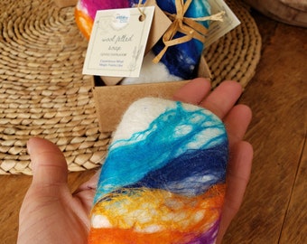 Colorful Goat's Milk Soap covered felted merino wool. Gentle exfoliator skin and body.
