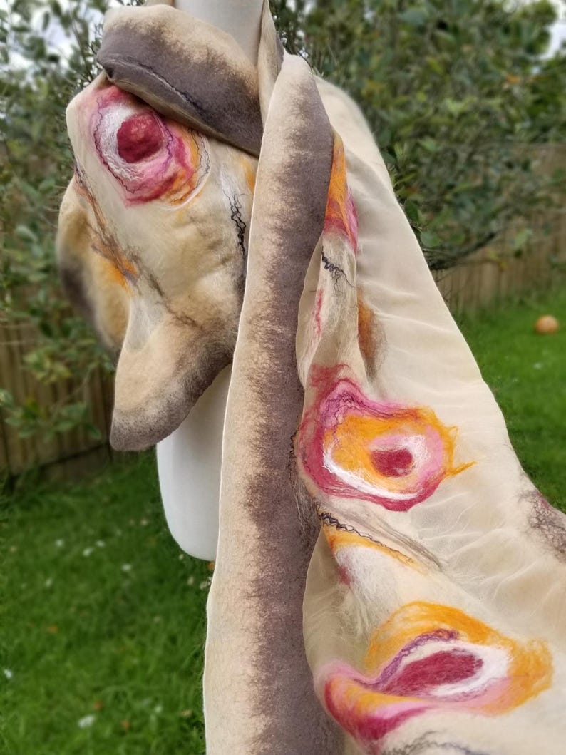 Luxurious Khaki & Beige Shawl – Merino Wool and Silk Felted Wrap, Earthy Neutral Gift for Mum, Guest or Elegant Outfit | Handmade in NZ image 9