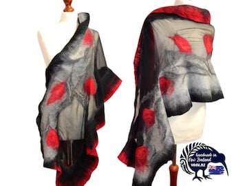 Shawl as a dress for weddings, party, classic color; gray, black and red, unique gift, silk and merino wool from Australia Nuno felting,