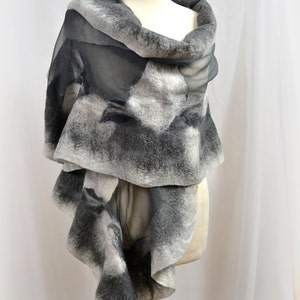 Big nuno felting scarf in gray and cream. Gorgeous shawl for wedding and evening felted Australian merino wool and natural silk.