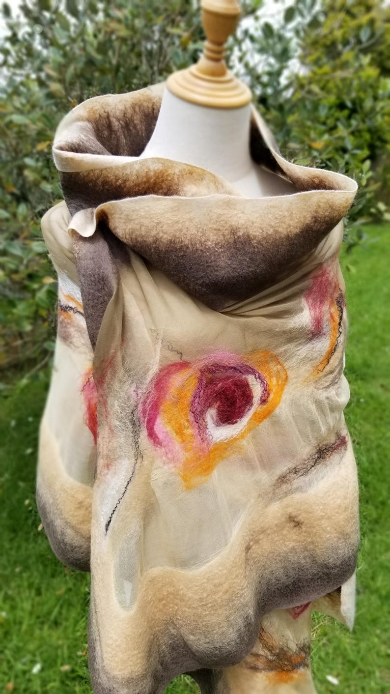 Luxurious Khaki & Beige Shawl – Merino Wool and Silk Felted Wrap, Earthy Neutral Gift for Mum, Guest or Elegant Outfit | Handmade in NZ image 8