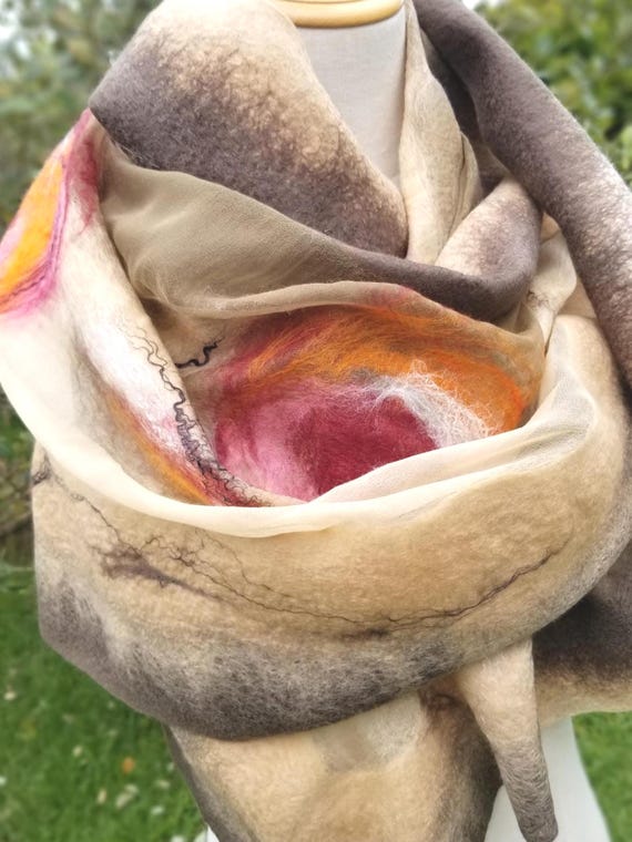Luxurious Khaki & Beige Shawl – Merino Wool and Silk Felted Wrap, Earthy Neutral Gift for Mum, Guest or Elegant Outfit | Handmade in NZ