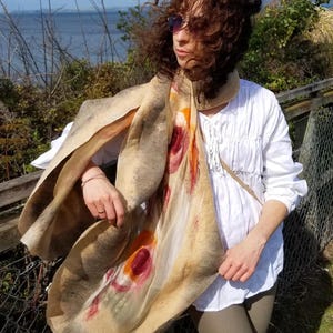 Luxurious Khaki & Beige Shawl – Merino Wool and Silk Felted Wrap, Earthy Neutral Gift for Mum, Guest or Elegant Outfit | Handmade in NZ image 12