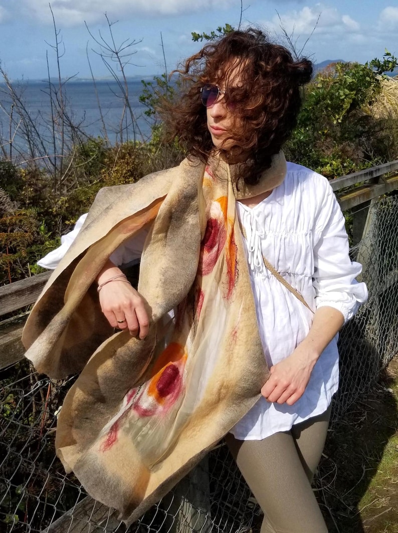 Luxurious Khaki & Beige Shawl – Merino Wool and Silk Felted Wrap, Earthy Neutral Gift for Mum, Guest or Elegant Outfit | Handmade in NZ image 12