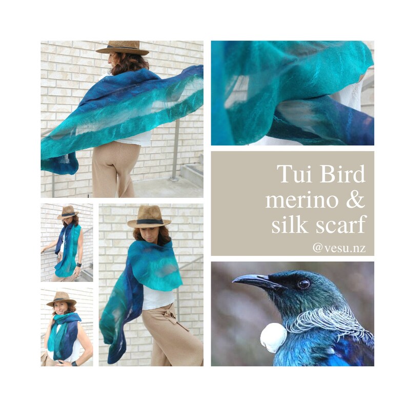 May include: A teal blue and black merino wool and silk scarf with a gradient pattern. The scarf is draped over a person's shoulders. The image also shows a close-up of the scarf and a Tui bird. The text "Tui Bird merino & silk scarf @vesu.nz" is displayed on the image.